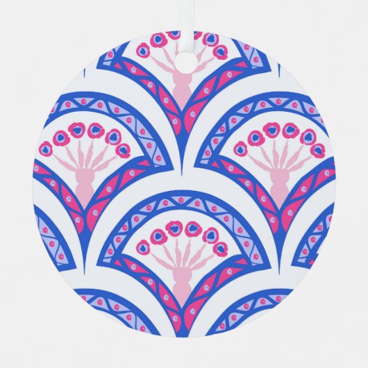 Blaues Damastmuster Ornament Aus Metall (Vorderseite)