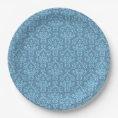 Blaues Damastmuster Pappteller (Vorderseite)