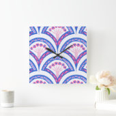 Blaues Damastmuster Quadratische Wanduhr (Zuhause)