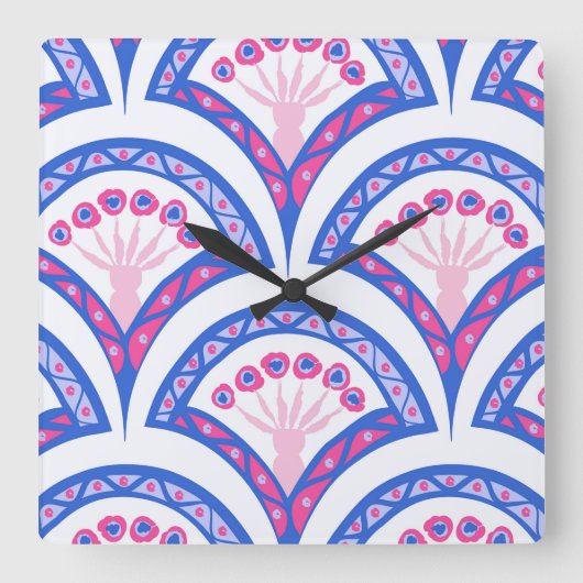 Blaues Damastmuster Quadratische Wanduhr (Vorderseite)