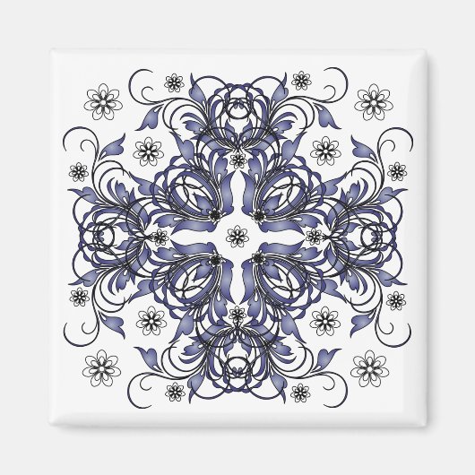 blaues dekoratives Blumenmuster Magnet (Vorne)
