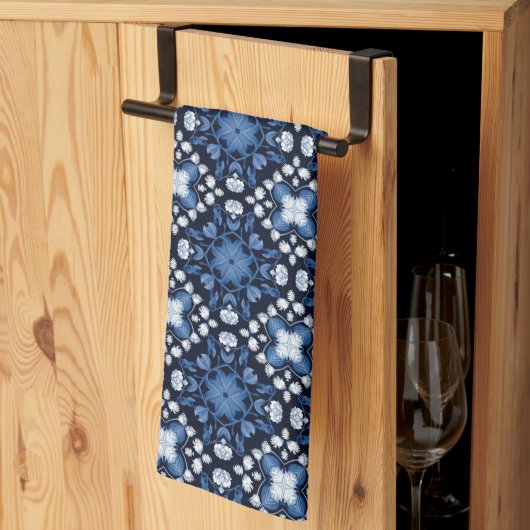 Blaues Delft-Blütenmuster - Blumenmuster Geschirrtuch (Drittel gefaltet)