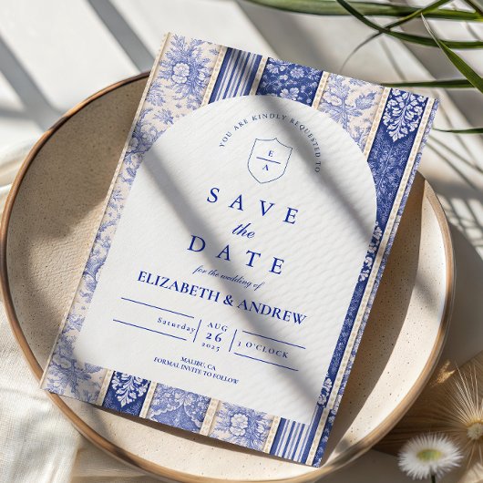 Blaues Delft-Fliesen-Patchwork-Hochzeit Save The Date