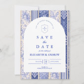 Blaues Delft-Fliesen-Patchwork-Hochzeit Save The Date (Vorderseite)