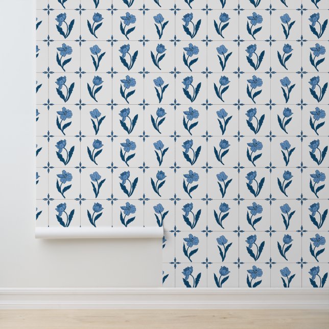 Blaues Delft-Floral-Muster Tapete (Anwendung)