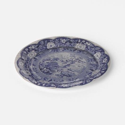Blaues Delft-Imitatporzellan der weißen Weide mit Pappteller (Schrägansicht)