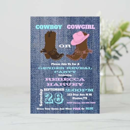 Blaues Denim Cowboy oder Cowgirl Geschlecht offenb Einladung (Stehend Vorderseite)