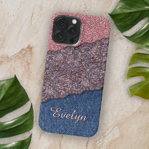 Blaues Denim-Jeans-Rosa-Gold-Pink-Glitzer-Muster iPhone 15 Pro Max Hülle