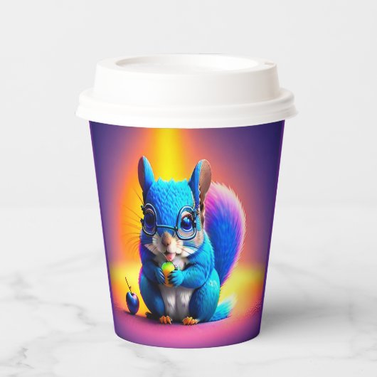 Blaues Eichhörnchen, das Obst isst Pappbecher (Vorderseite)