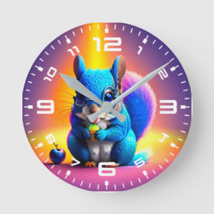 Blaues Eichhörnchen, das Obst isst Runde Wanduhr