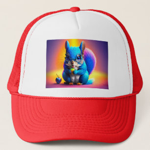 Blaues Eichhörnchen, das Obst isst Truckerkappe