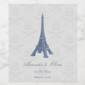 Blaues Eiffelturm Damask Hochzeitsweinlabel Weinetikett (Einzelnes Label)