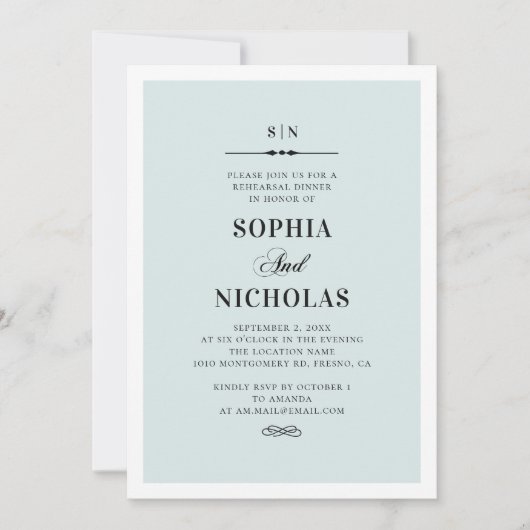 Blaues einfaches Abendessen mit Probe. Eleganter K Einladung (Vorderseite)