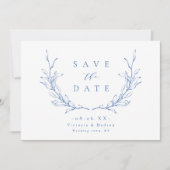 Blaues, einfaches botanisches Wappen-Monogramm Save The Date (Vorderseite)