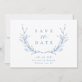 Blaues, einfaches botanisches Wappen-Monogramm Save The Date