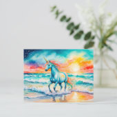 Blaues Einhorn-Galoping am Ozean Postkarte (Stehend Vorderseite)