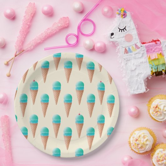 Blaues Eiscreme-Kronmuster, hellgelb Pappteller (Party)