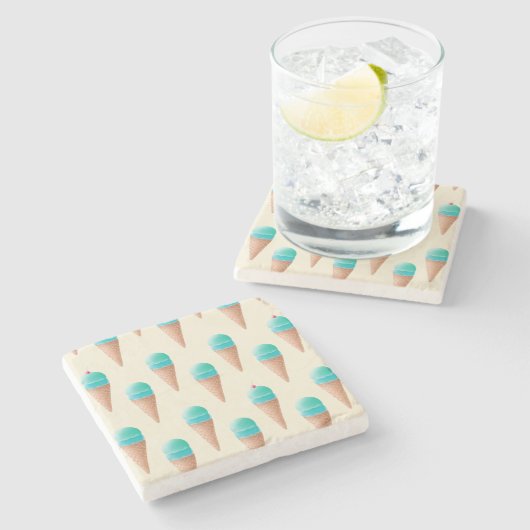 Blaues Eiscreme-Kronmuster, hellgelb Steinuntersetzer (Seitenansicht)