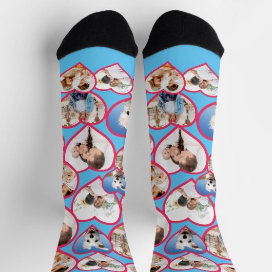 Blaues, elegantes rotes Herz-Muster | 5 FotoCollag Socken (Oben)