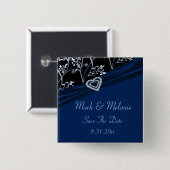 Blaues Eleganz-Herz-BlumenWirbel Button (Vorne & Hinten)