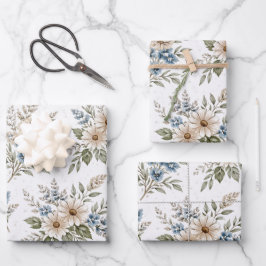 Blaues Elfenbein-Wiesenblumenmuster Geschenkpapier Set