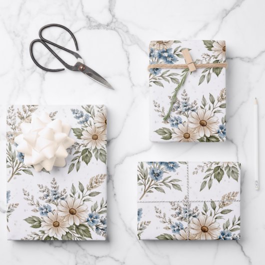 Blaues Elfenbein-Wiesenblumenmuster Geschenkpapier Set (Vorderseite)