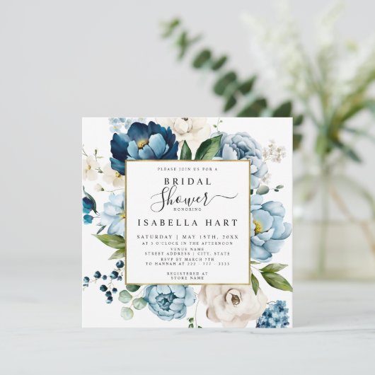 Blaues Elfenbeincreme-Brautparty Einladung (Stehend Vorderseite)