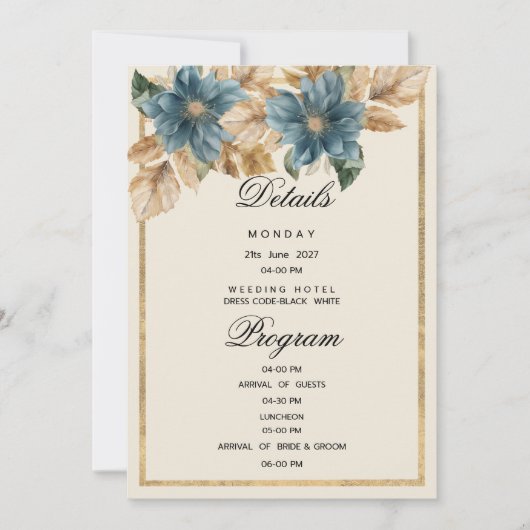 Blaues Elfenbeingold Frühjahr Blumenzettel Program Einladung (Vorderseite)