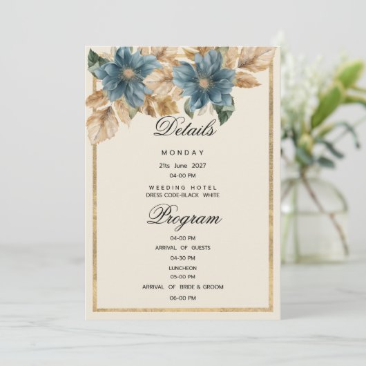 Blaues Elfenbeingold Frühjahr Blumenzettel Program Einladung (Stehend Vorderseite)