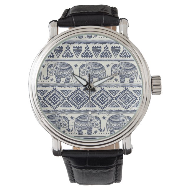 Blaues Ethnisch-Elefantenmuster Armbanduhr (Vorderseite)