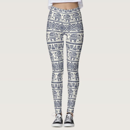 Blaues Ethnisch-Elefantenmuster Leggings (Vorderseite)