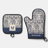 Blaues Ethnisch-Elefantenmuster Ofenhandschuh & Topflappen-Set (Vorderseite)