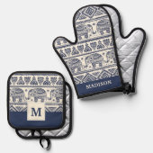 Blaues Ethnisch-Elefantenmuster Ofenhandschuh & Topflappen-Set (Vorderseite/Rückseite)