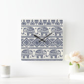 Blaues Ethnisch-Elefantenmuster Quadratische Wanduhr (Zuhause)