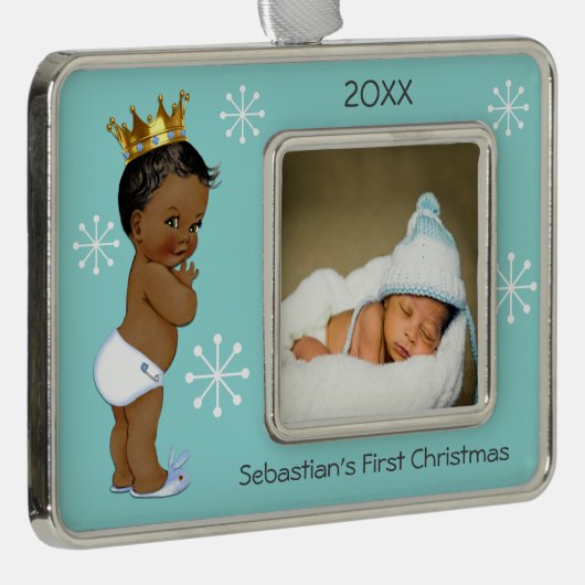 Blaues ethnisches 1. WeihnachtsFoto Prinz-Baby Rahmen-Ornament Silber (Rechts)