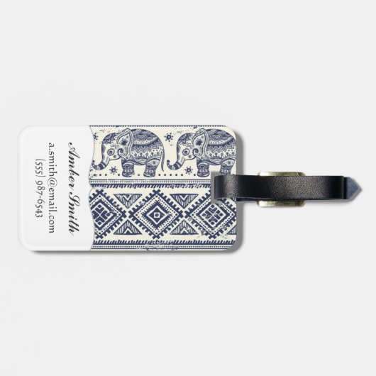 Blaues ethnisches Elefant-Muster Gepäckanhänger (Rückseite horizontal)
