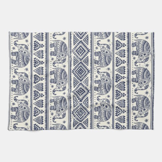 Blaues ethnisches Elefant-Muster Geschirrtuch (Horizontal)