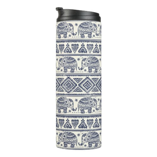 Blaues ethnisches Elefant-Muster Thermosbecher (Nach rechts gedreht)