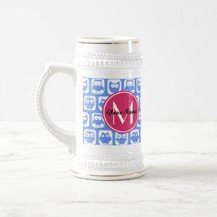 Blaues Eukalyptomuster Rosa Angepasstes Monogramm  Bierglas