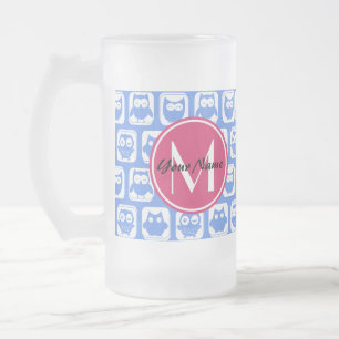 Blaues Eukalyptomuster Rosa Angepasstes Monogramm  Mattglas Bierglas