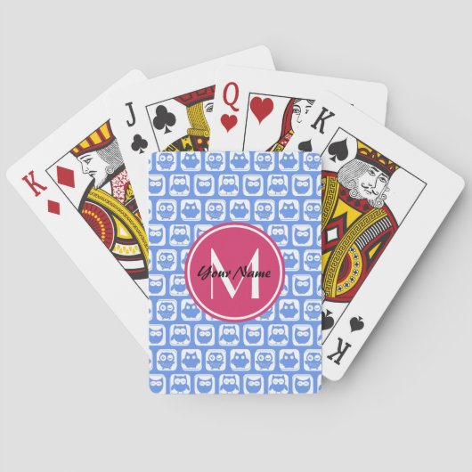 Blaues Eukalyptomuster Rosa Angepasstes Monogramm Spielkarten (Rückseite)