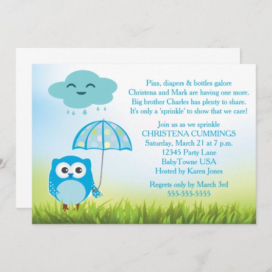 Blaues Eulen-Baby besprühen Einladung (Vorne/Hinten)