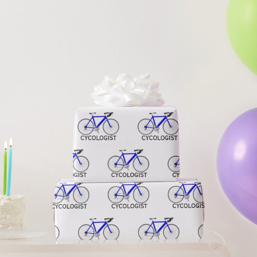 Blaues Fahrrad mit Text des Zykologen auf weiß Geschenkpapier (Partygeschenke)