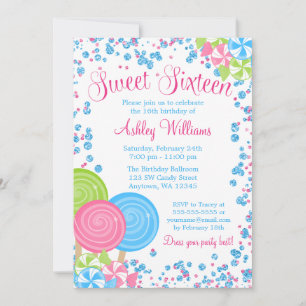 Blaues falsches Glitter Candy Thema Sweet 16 Einladung