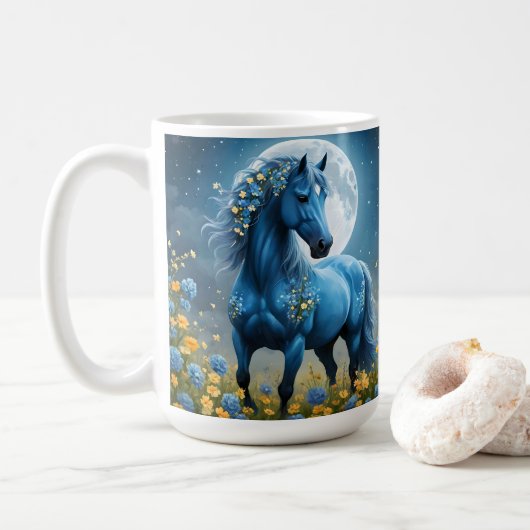 Blaues Fantasy-Magisches-Pferd-Mond-Blumen, Kaffeetasse (Mit Donut)