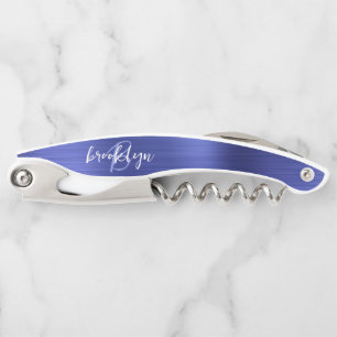 Blaues Faux-Bürstenmetall-Monogramm-Manuskript Kellnermesser