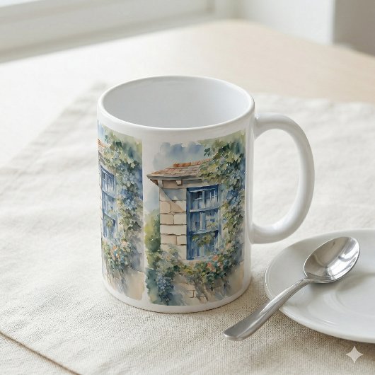 Blaues Fenster Steinmauer Cottage Reben Tasse