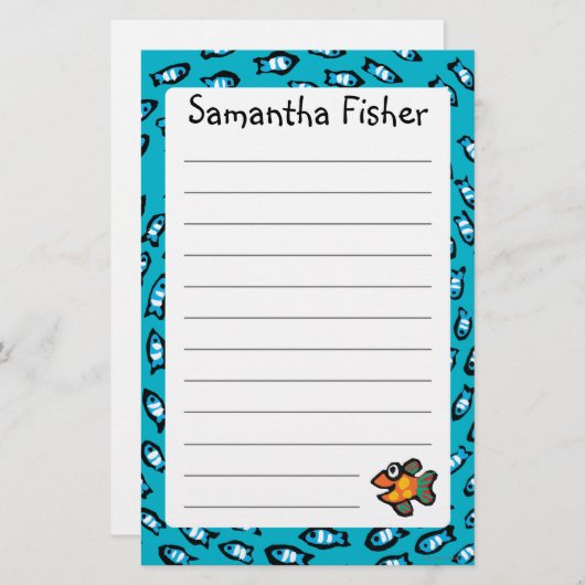 Blaues Fisch-Schulmuster mit kleinen orange Briefpapier (Vorne/Hinten)