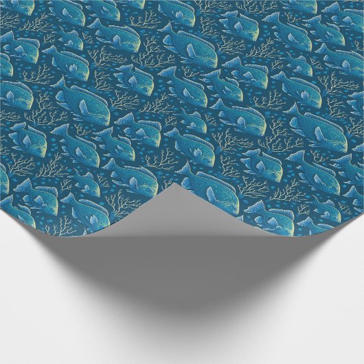 Blaues Fischmuster Geschenkpapier (Ecke)