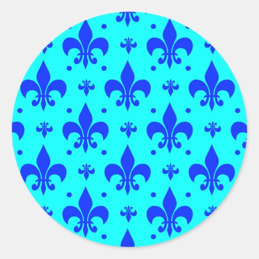 Blaues Fleur-de-lis-Muster Runder Aufkleber (Vorderseite)